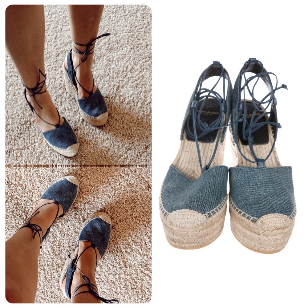 Saint Laurent Denim Blue Espadrille Platform Wedges with Ankle Tie